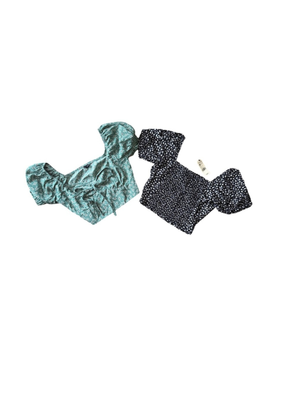 2 Floral Puff Sleeve Crop Tops - Green and Black